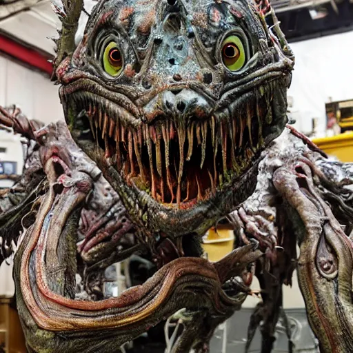 Image similar to photo taken of an epic intricate, ultra detailed, super realistic gritty, hero prop, exquisitely painted animatronic movie prop of a grotesque wet, slimy nightmarish hellish alien creature displayed in the workshop, created by weta workshop, full body shot, photorealistic, sharp focus