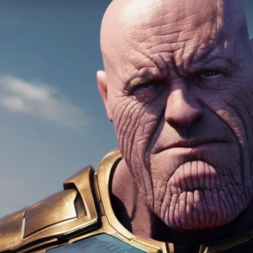 Image similar to Jonathan Banks as Thanos, HD promotional screenshot from new Avengers film, 8k ultra realistic, Marvel animation