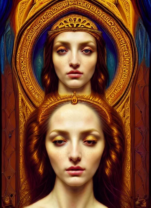 Prompt: portrait of a beautiful young goddess' face merging with a cathedral building, unusual beauty, etheric, outworldly colours, emotionally evoking symbolic metaphors, head in focus, fantasy, ornamental, intricate, elegant, highly detailed painting atyle photo, artstation, concept art, painterly, golden ratio, sharp focus, illustration, art by John William Godward and Zdzisław Beksiński, Antonio Mora,