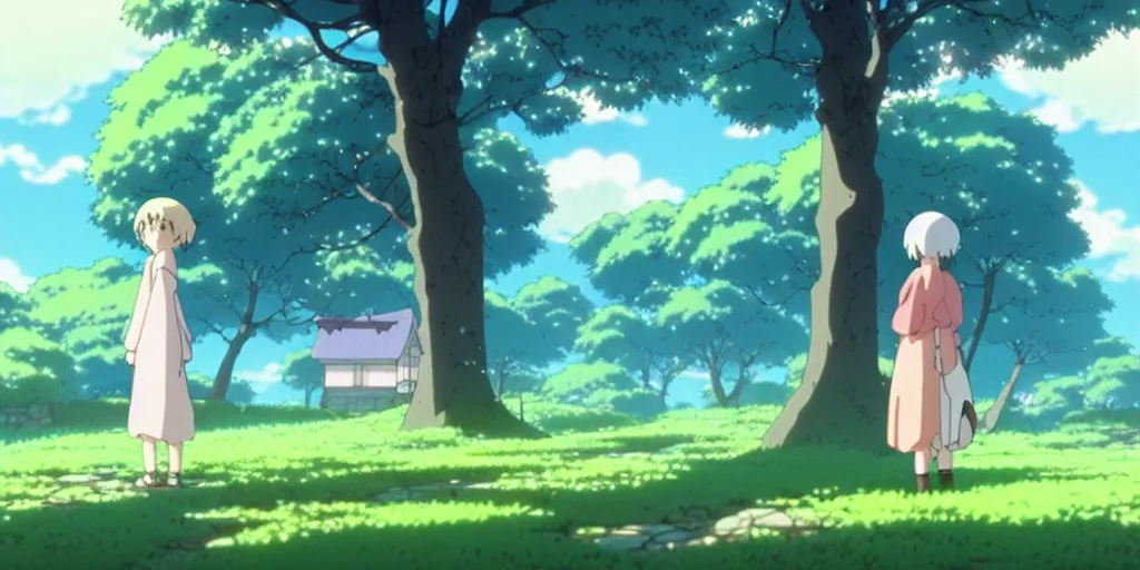 Image similar to the girl and the misty morning. anime visual of a cozy village in a magical forest. calm and peaceful mood. atmospheric. illustrated by hayao miyazaki. anime production by studio ghibli. high quality, visually stunning, majestic, fall, official media