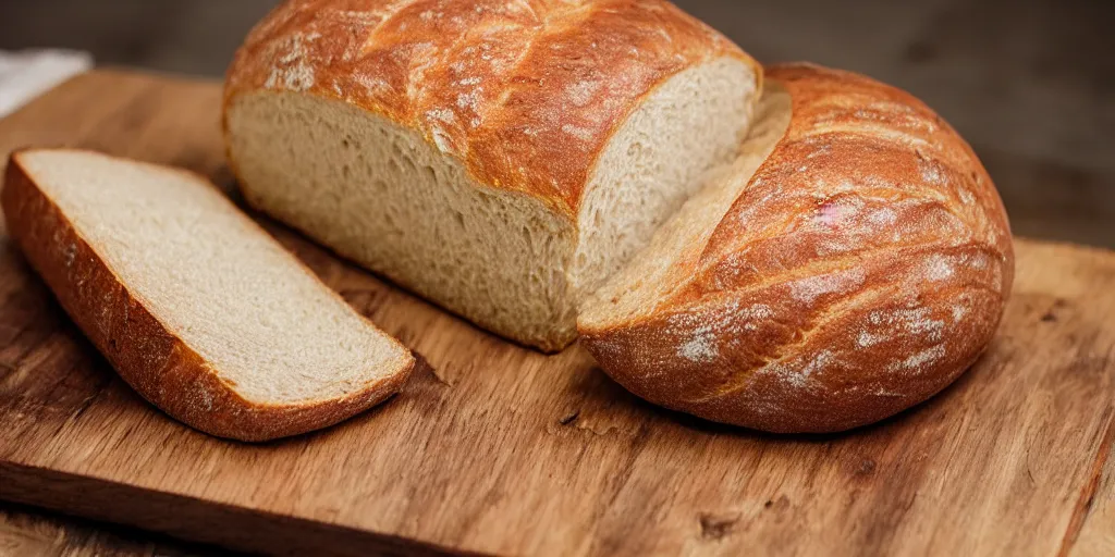 Prompt: Photograph of a delicious loaf of sourdough bread on a wooden breadboard