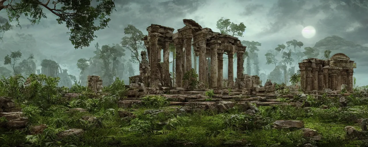 Image similar to ” otherwordly landscape with temple ruins covered by vegetation, [ cinematic, detailed, epic, widescreen, opening, establishing, mattepainting, photorealistic, realistic textures, octane render ] ”