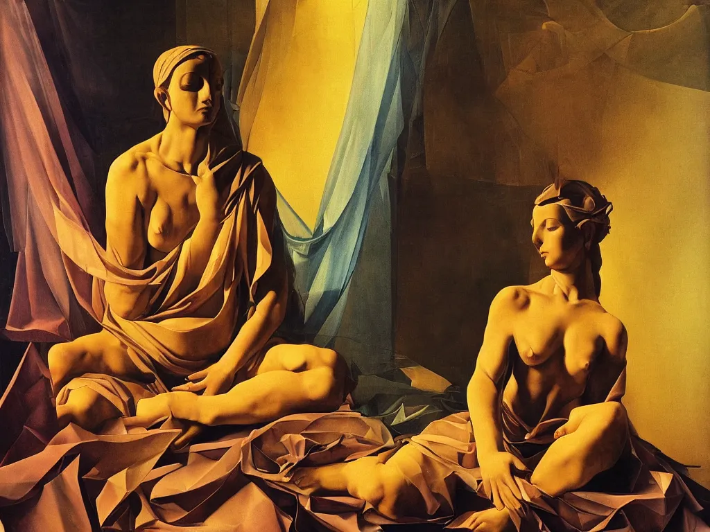Image similar to hyperrealistic still life painting of a 3d statue sitting down cross legged goddess meditating, wrapped in fabric and gently smiling, surrounded by prisms in a tesseract, by Caravaggio, botanical print, surrealism, vivid colors, serene, golden ratio, minimalism, negative space
