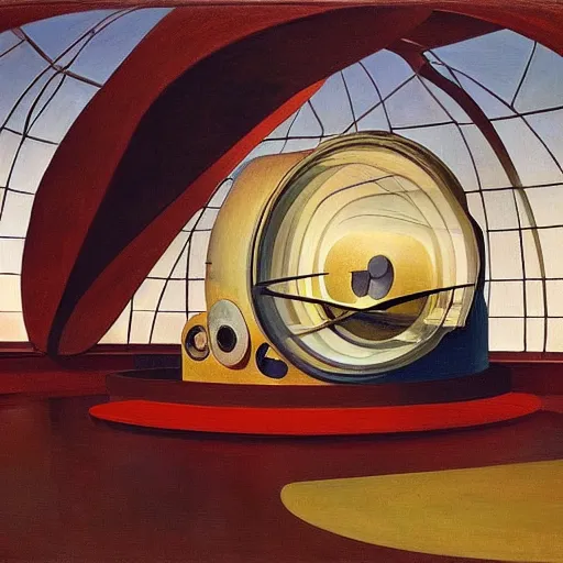 Image similar to giant mechanical eye inside a gyroscope in a dome - shaped control center, grant wood, pj crook, edward hopper, oil on canvas