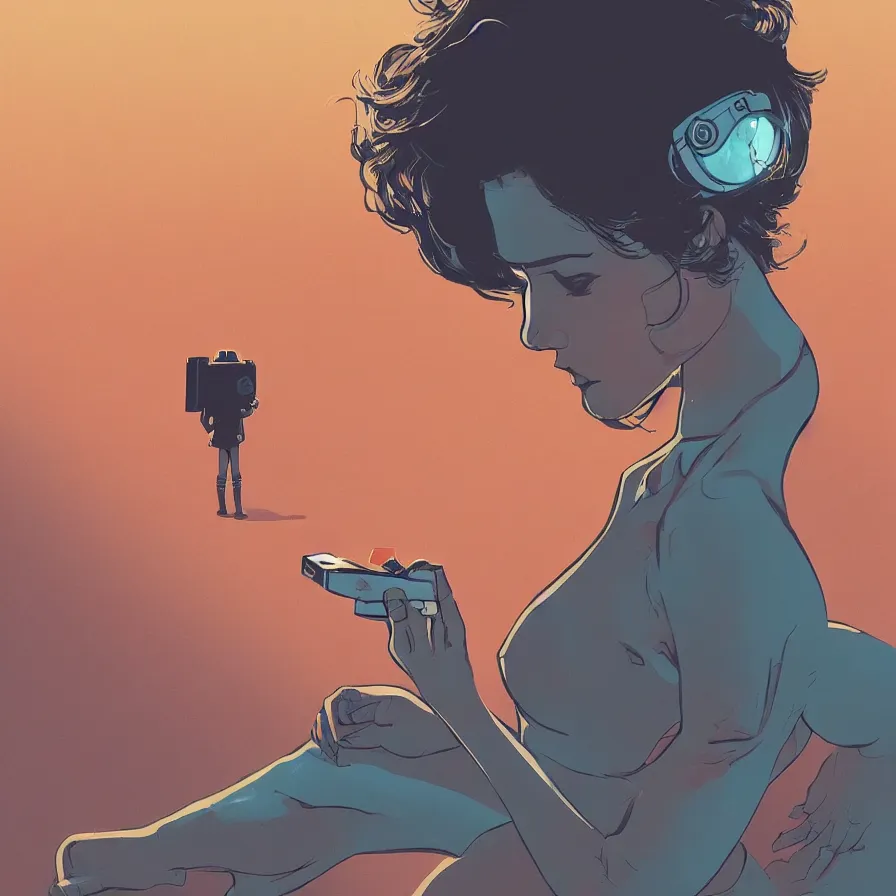 Prompt: very detailed, prophet graphic novel, ilya kuvshinov, mcbess, rutkowski, simon roy, illustration of a girl sitting alone on the surface of mars while staring at her phone, wide shot, colorful, deep shadows, astrophotography, award winning