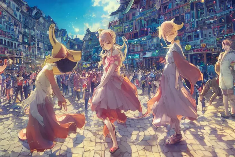 Image similar to Digital anime art by WLOP and Mobius, Town square, a dancing girl performs, happy smile, coins around her feet, large crowd, highly detailed, bright sunshine and lighting