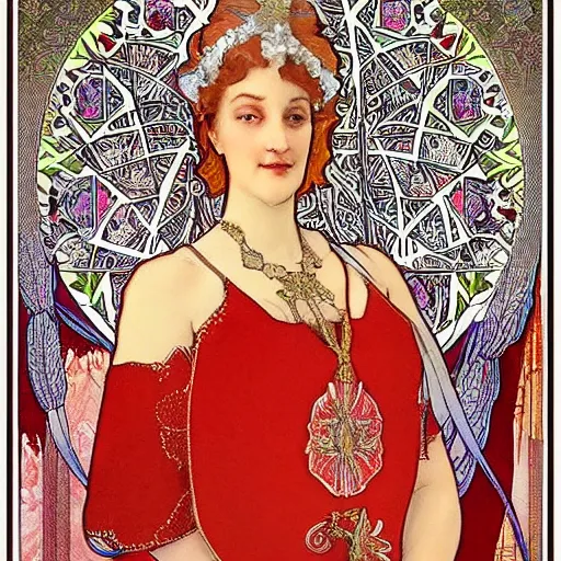 Prompt: president of belarus in beautiful dress. mucha style. epic composition. highly detailed.