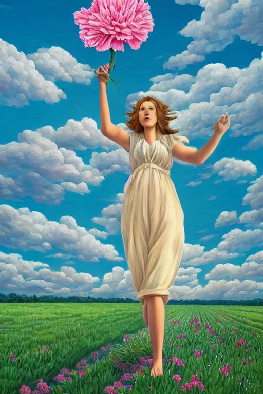 Image similar to closeup, giant carnation flower head, woman walking, surreal, clouds in sky, impressionist painting, digital painting, artstation, rob gonsalves