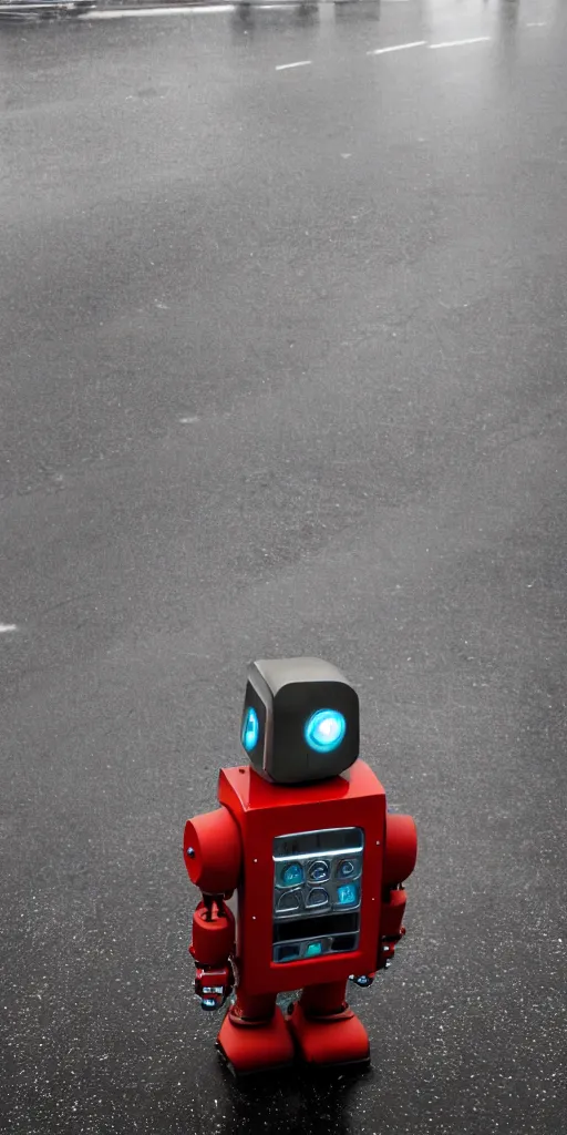 Image similar to robot on the road, city, photo, rain,