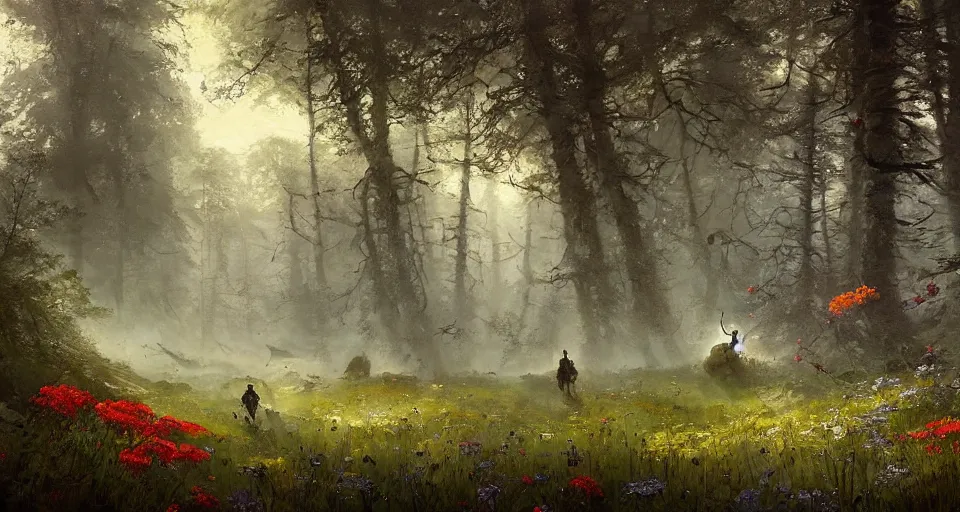 Prompt: Enchanted and magic forest full of wild flowers, space ship landing by JAKUB ROZALSKI