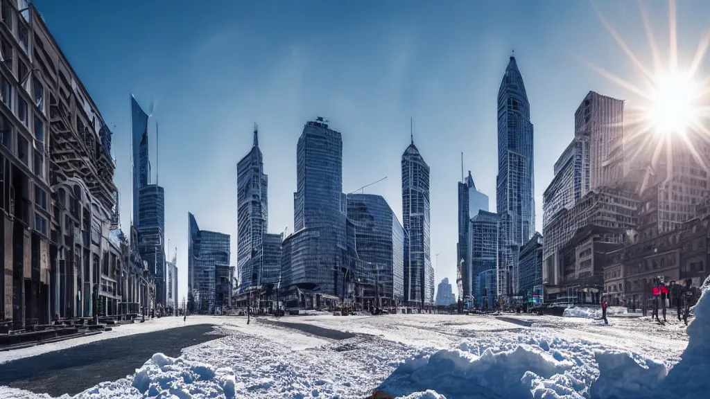 Prompt: a high detailed astonishing wide lens street photo, skyscrappers made of snow and ice are melting on the sun, award winning architectural photography, 8 k, hyperreal
