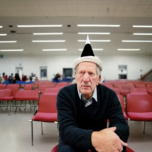 Image similar to wide angle portrait of werner herzog sitting alone in the waiting area of the dmv wearing a birthday hat. ultra wide angle, wes anderson, award winning, hyperrealistic, grand budapest hotel, studio lighting, very detailed face, chiaroscuro, film noir