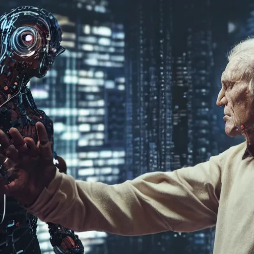 Image similar to cyberpunk buff old man fighting Deadcode humanoid robot Emmanuel Lubezki