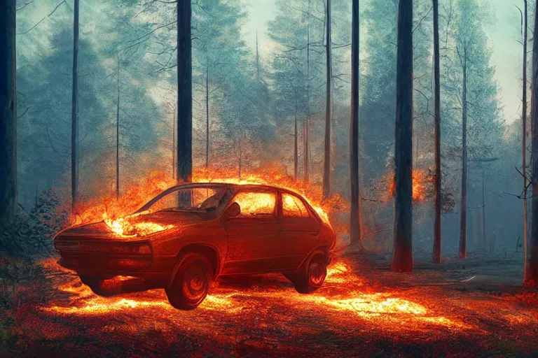 Prompt: burning car standing in a beautiful swedish forest, highly detailed, hyperrealistic, very sharp focus, intricate, soft lighting, wide shot photograph, digital painting by simon stålenhag