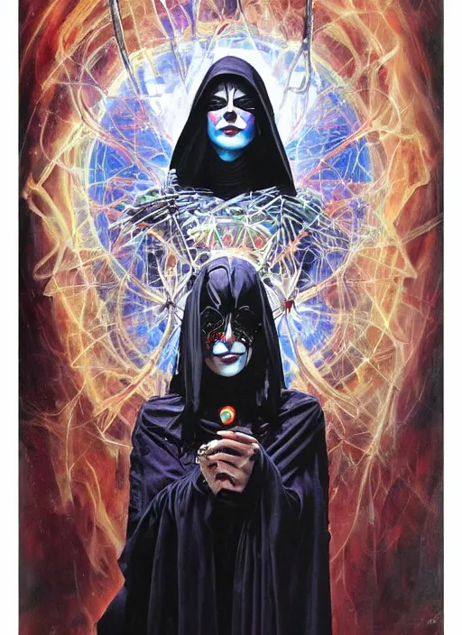 Image similar to powerful tripping cult magic psychic woman, subjective consciousness psychedelic, epic surrealism expressionism symbolism story iconic, dark robed witch, oil painting, robe, symmetrical face, greek dark myth, by Sandra Chevrier, Gerald Brom masterpiece