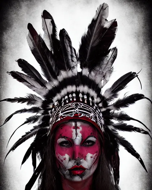 Image similar to lady native sisters ghost - spirit of the grim - warpaint wears the scarlet skull armor and native blood headdress feathers, midnight fog - mist!, dark oil painting colors, realism, cinematic lighting, various refining methods, micro macro autofocus, ultra definition, award winning photo, photograph by ghostwave - gammell - giger - shadowlord