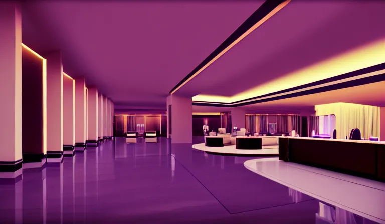 Prompt: a beautiful, sharp focus, clean lines. the interior of an art deco luxury hotel. hotel lobby and receptionist. vaporwave ombre rendering. outrun style. trending on artstation. recommended for you behance. by chris moore. by edward hopper. ambient occlusion. digital matte painting. metropolis filmic. gotham city.