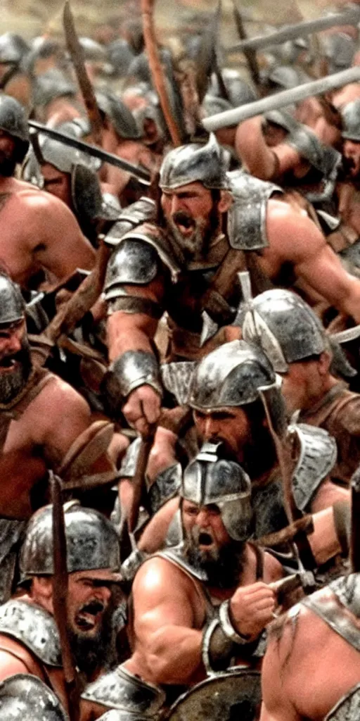 Image similar to Danny Devito as Leonidas, with Leonidas beard, leading Spartans into battle at Battle of Thermopylae, in screenshot from the 300 movie