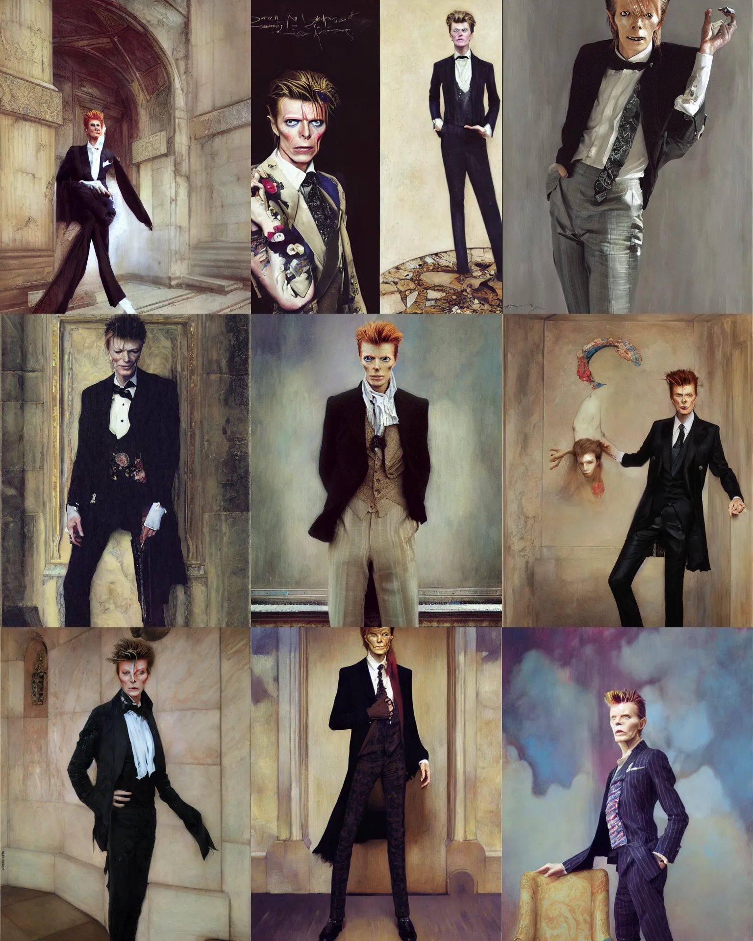 Prompt: A portrait of David Bowie in a suit by loish, Lawrence Alma-tadema, Thomas Moran, Mandy Jurgens, fashion photography