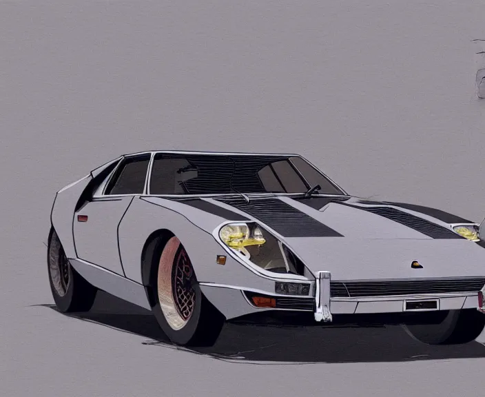 Image similar to a blending, amalgamation and detailed combination of a lamborghini countach, datsun 2 6 0 z and a jaguar e - type, concept art, very round headlights, long front end, 8 k, highly detailed, trending on art station, dramatic lighting