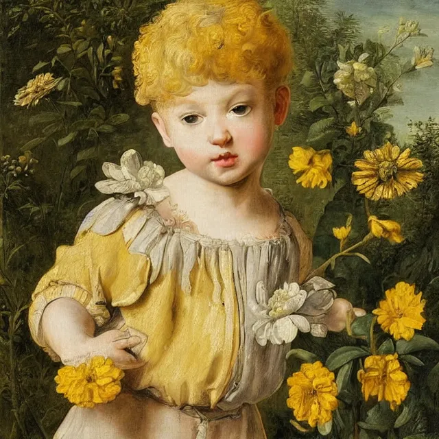 Prompt: a painting of flowers in a garden at night, blond baby with gray eyes with a blue scarf yellow t - shirt, a flemish baroque by jan van kessel the younger, intricate high detail masterpiece