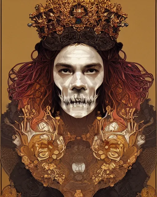 Image similar to symmetrical, centered, young and handsome god close - up portrait wigh crown made of skulls. artwork by tooth wu and wlop and alena aenami and alphonse mucha, brian froud, pablo amaringo