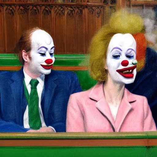 Image similar to a highly detailed beautiful portrait close up hyper realistic photograph of british members of parliament in the house of commons wearing pastel coloured clown costumes with pleasant oversized joyful faces, they are smoking. in the style of edward hopper, richard hamilton. concept art. green leather benches. photographic. concept. crisp digital art. no artefacts. desaturated. high fidelity facial portrait. 8 k