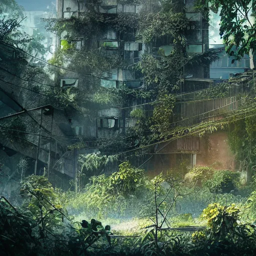 Prompt: overgrown foliage overtaking tall destroyed buildings, biopunk, scenery, professional, award - winning, trending on artstation, detailed, realistic, beautiful, emotional, shiny, golden, picture, antview, close - up