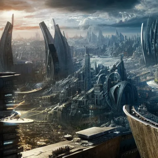 Image similar to An epic future utopian science fantasy cityscape, sustainable architecture, hyperdetailed photorealistic wide angle landscape painting, by Zack Snyder and James Cameron