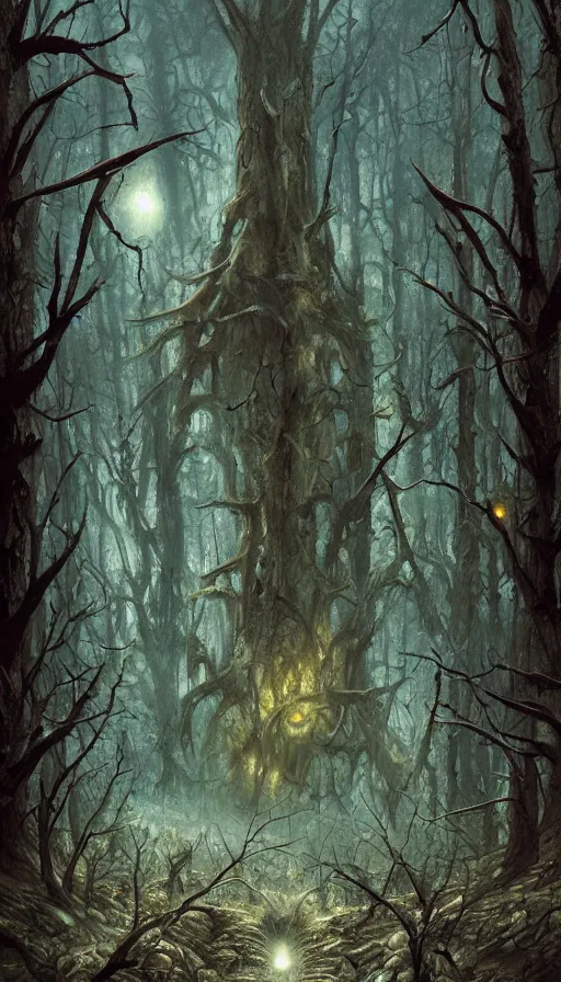 Image similar to a storm vortex made of many demonic eyes and teeth over a forest, by marc simonetti