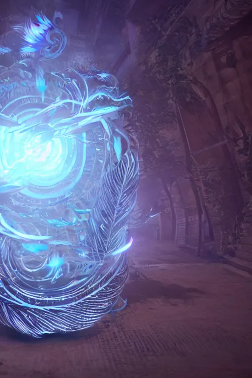 Prompt: thin swirling tribal light streaks and ornate flowing feather light streams and smooth particle effects, unreal engine