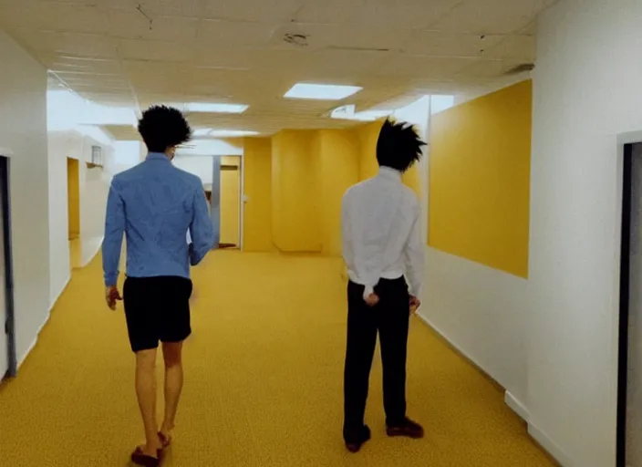 Image similar to low quality photo of real life version of son goku in the backrooms, mono - yellow old moist carpet randomly connected infinite empty office space yellow colors warm light scary