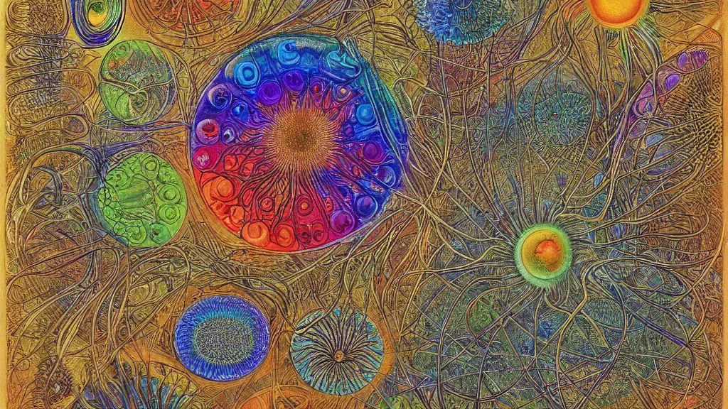 Image similar to quantum connections represented as symbiotic organisms like cells playing around with colorful lights by ernst haeckel, transparent