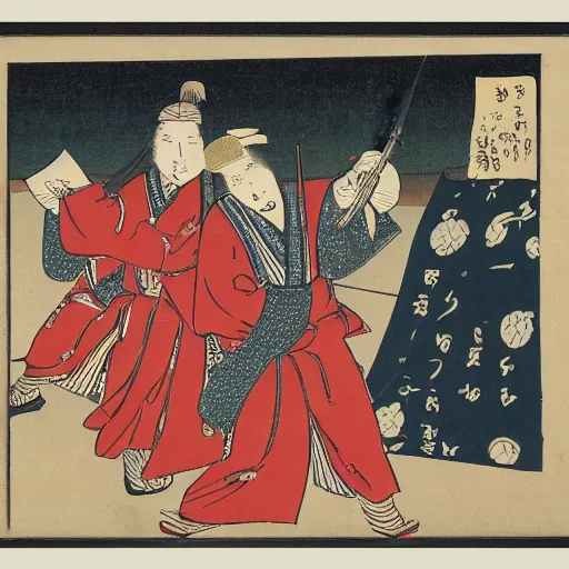Prompt: Europeans with muskets, ukiyo-e, woodblock print