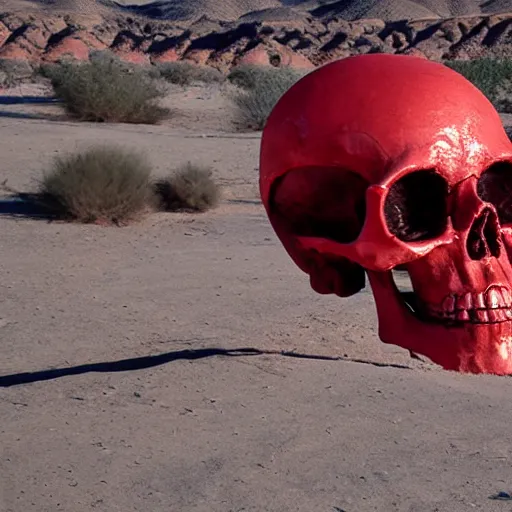 Prompt: giant skull made of red glass in a desert surreal masterpiece