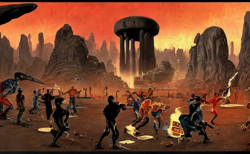 Prompt: an alien baseball game surrounded by ancient monoliths with glowing runes. highly detailed science fiction painting by norman rockwell, frank frazetta, and syd mead. rich colors, high contrast, gloomy atmosphere, dark background. trending on artstation