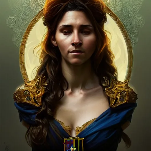 Image similar to lionel messi as a female, d & d style, fantasy, intricate, elegant, highly detailed, digital painting, artstation, concept art, matte, sharp focus, illustration, art by artgerm and greg rutkowski and alphonse mucha