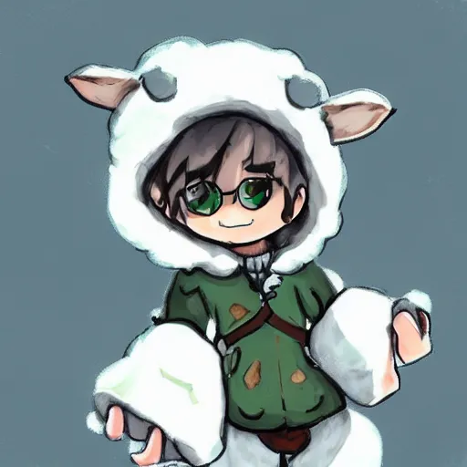 Prompt: little boy wearing sheep suit. white, gray, blue, green and brown pallet color. made in abyss art style, inspired in chris from deltarrune, high details