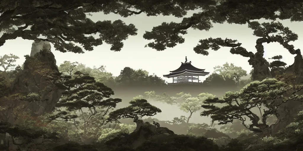 Image similar to digital painting of old japanese landscape with pagoda, curved trees and rocks, detailed, high quality, trending on artstation