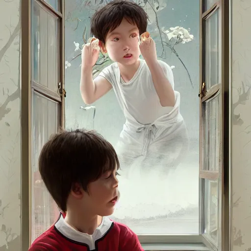 Image similar to young boy wearing white fabric pajama with cartoon paintings on it infront of the window in his room and staring outside. highly detailed, digital painting, artstation, concept art, smooth and sharp focus, cg by tian zi and wlop and alphonse mucha