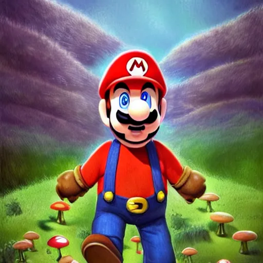 Image similar to a realistic portrait of chris pratt dressed as super mario running in a field of mushrooms by android jones