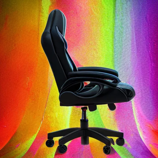 Prompt: gaming chair in front of colorful textured background, photography, studio lighting