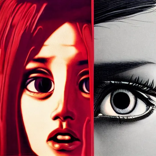 Image similar to young collage artist with warm eyes, slim features looking cross - eyed at you. box office hit, satire and seventies italian horror movie, unreal engine, intricate, ultra detailed 8 k, ambient reflective occlusion, extremely beautiful and aesthetic shape of face and neck, art by hiroaki samura and ilya kuvshinov and rossdraws and andy warhol, inverted