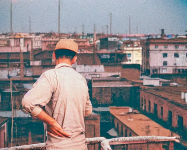 Image similar to lomo photo of man standing on the roof of soviet hrushevka, small town, cinestill, bokeh, out of focus