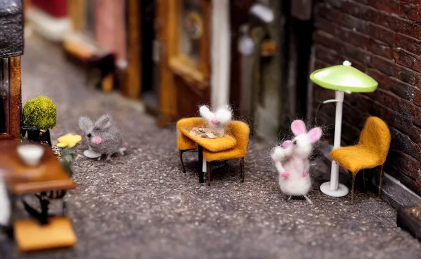 Image similar to miniature cafe diorama macro photography, cafe with felted mice, alleyway, ambient, atmospheric, british, bokeh, romantic