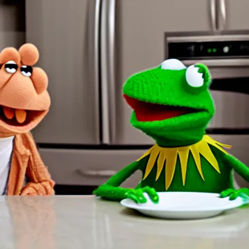 Prompt: kermit the frog and alf laughing on kitchen table. white powder in lines on mirror surface