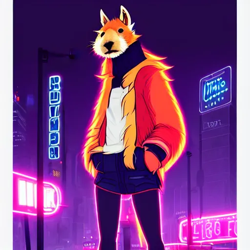 Prompt: beautiful furry digital art portrait commission of an androgynous furry anthro capybara fursona wearing punk clothes in the streets of a cyberpunk city. neon signs. character design by charlie bowater, ross tran, artgerm, and makoto shinkai