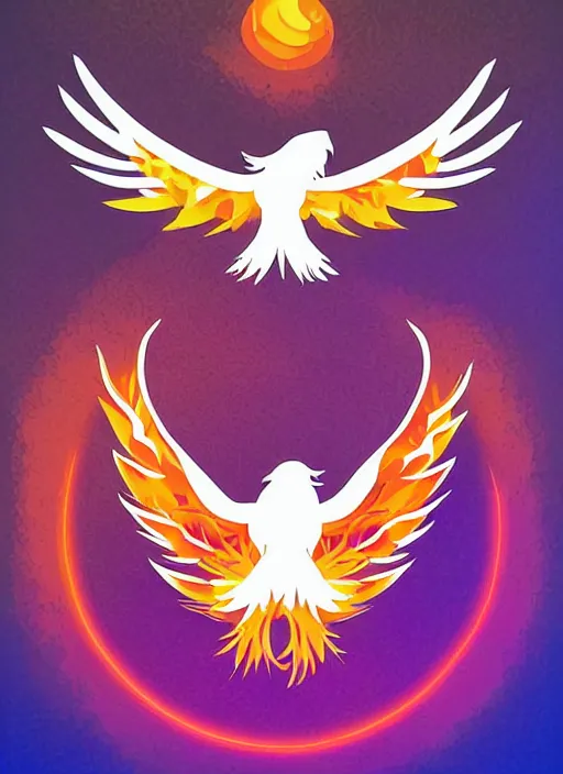 Image similar to white phoenix on salt crystals simple background simplified stylised poster art neat graphic design style holistic on orange and purple flames