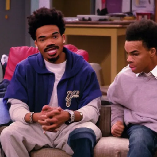 Image similar to a tv still of Chance The Rapper starring as a black college student at Jones College Prep in a 1993 sitcom