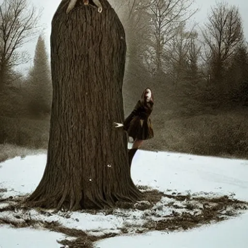 Prompt: beautiful woman has fused with a tree. hybrid. folk horror. eerie. winter scene. full harvest moon